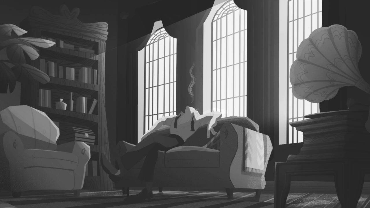 man lounging and smoking in greyscale