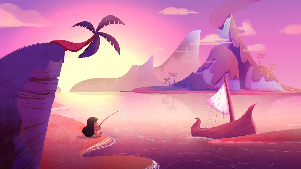 girl fishing by the sea at dusk